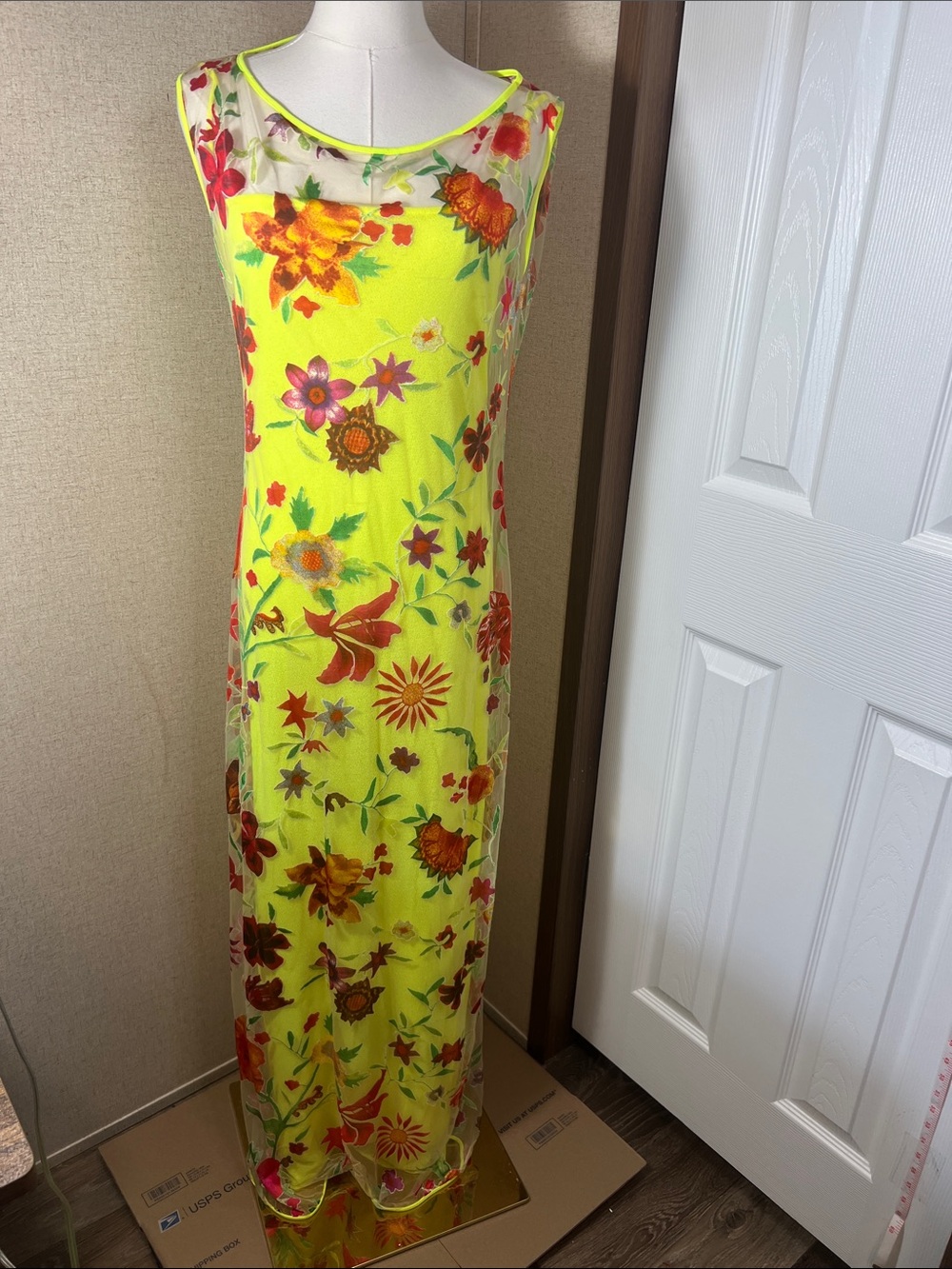 Christian Lacroix Neon Yellow Floral Maxi Dress with Sheer Yoke